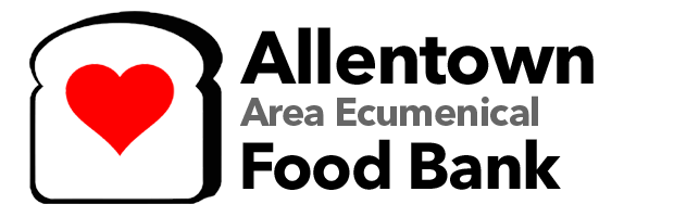 Bold Allentown Area Ecumenical Food Bank logo shows a red heart inside a bread-shaped outline, with black text and a clean white background.