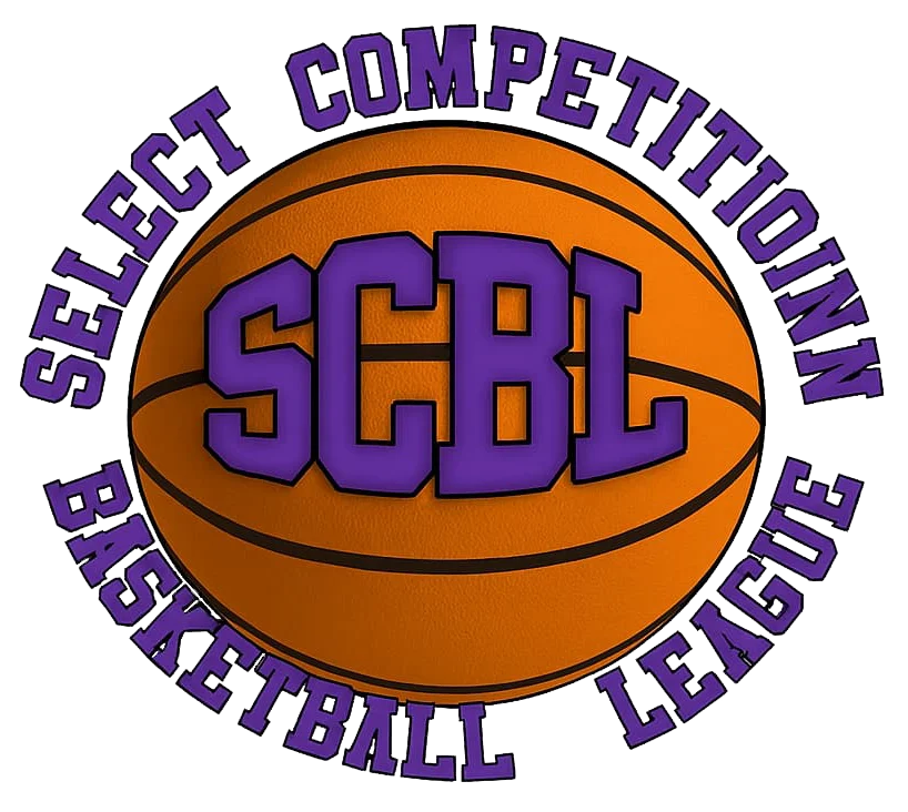 Purple SCBL lettering sits inside an orange basketball, with Select Competition Basketball League arched around the edge in bold purple text design.