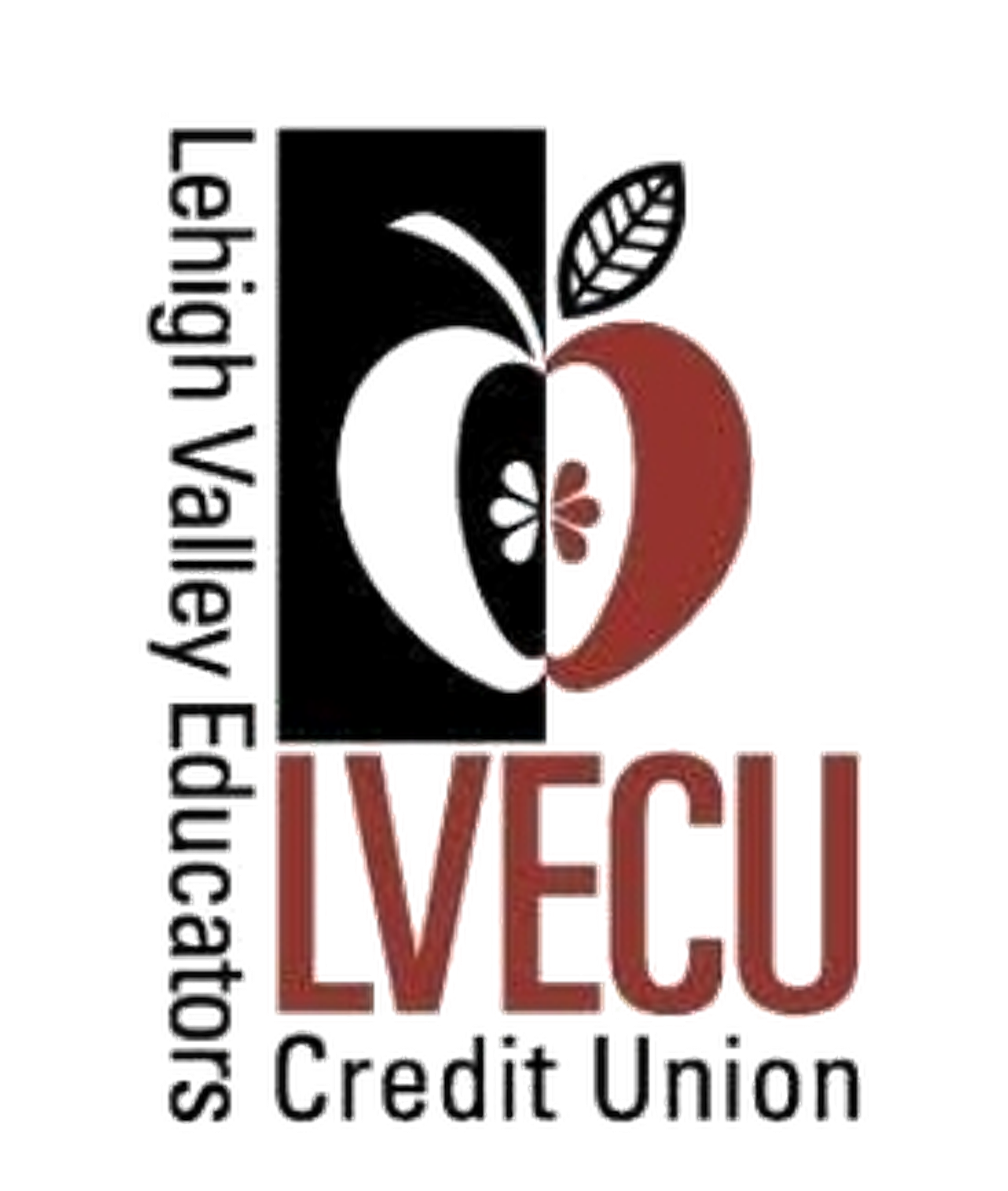 LVECU Credit Union logo with a stylized apple icon, bold red and black lettering, and a clean transparent background for clear branding.