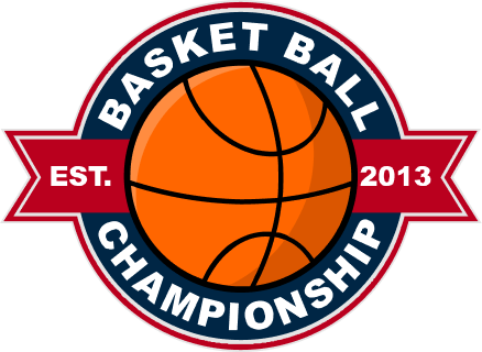 A bold basketball championship emblem shows EST. 2013 around an orange ball, with red and navy accents and curved lettering in the center.