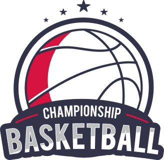 A dark navy championship basketball logo shows a white ball with red accents and stars above the word BASKETBALL in bold curved block letters.