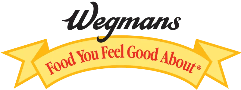 Wegmans logo with the slogan Food You Feel Good About on a yellow ribbon, shown in bold black script against a clean white background.